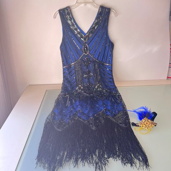 Flapper Blue Dress Party Fringe Halloween Costume Size Adult Medium - Picture 3 of 8